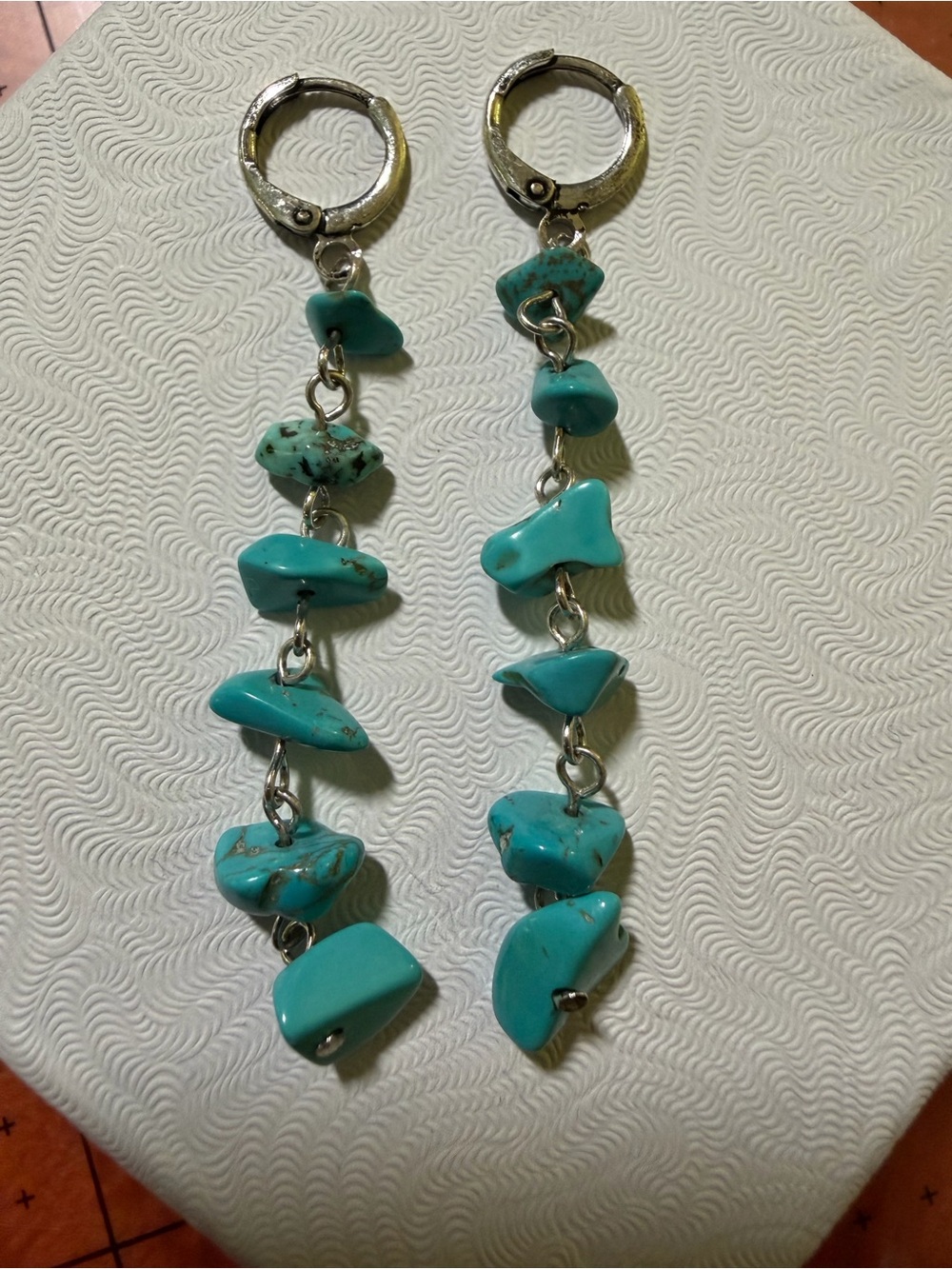 Turquoise Color Chip Dangle Earrings Silver Tone Leverback Boho Southwestern 2.5
